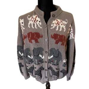 Vintage Jayson Younger Safari Animal Hand Knit Wool Cardigan Sweater Large